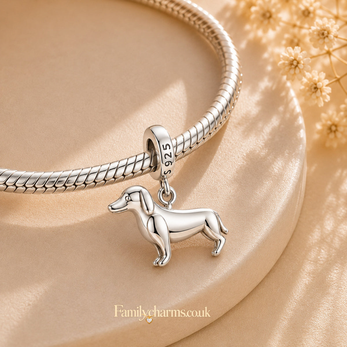 Polished Dachshund Dog Sterling Silver Charm Hallmarked S925 for Charm Bracelet and Necklace