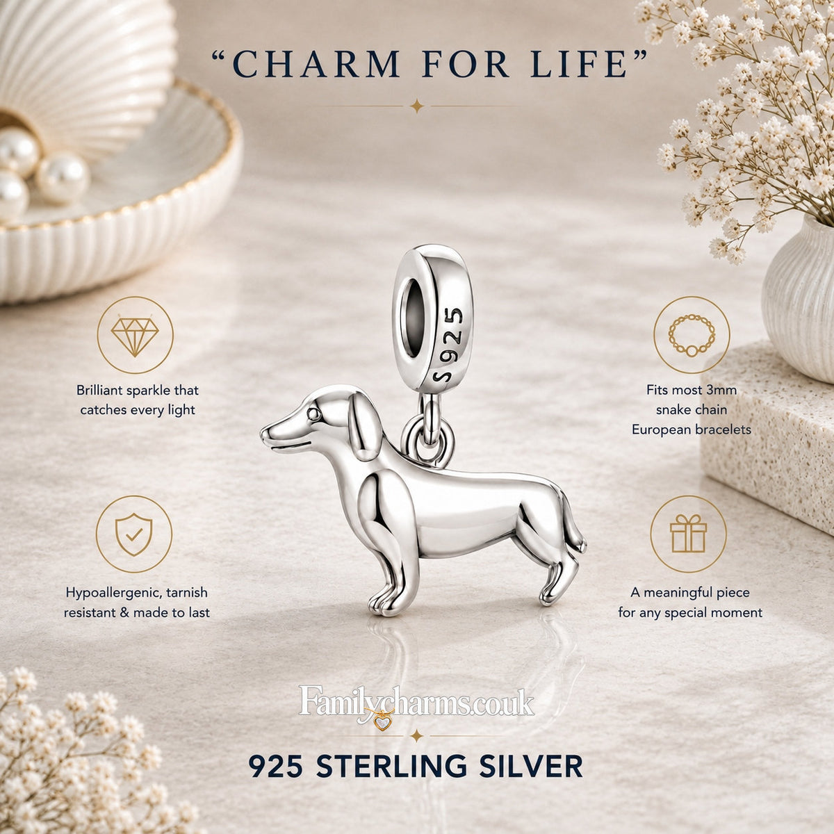 Polished Dachshund Dog Sterling Silver Charm Hallmarked S925 for Charm Bracelet and Necklace