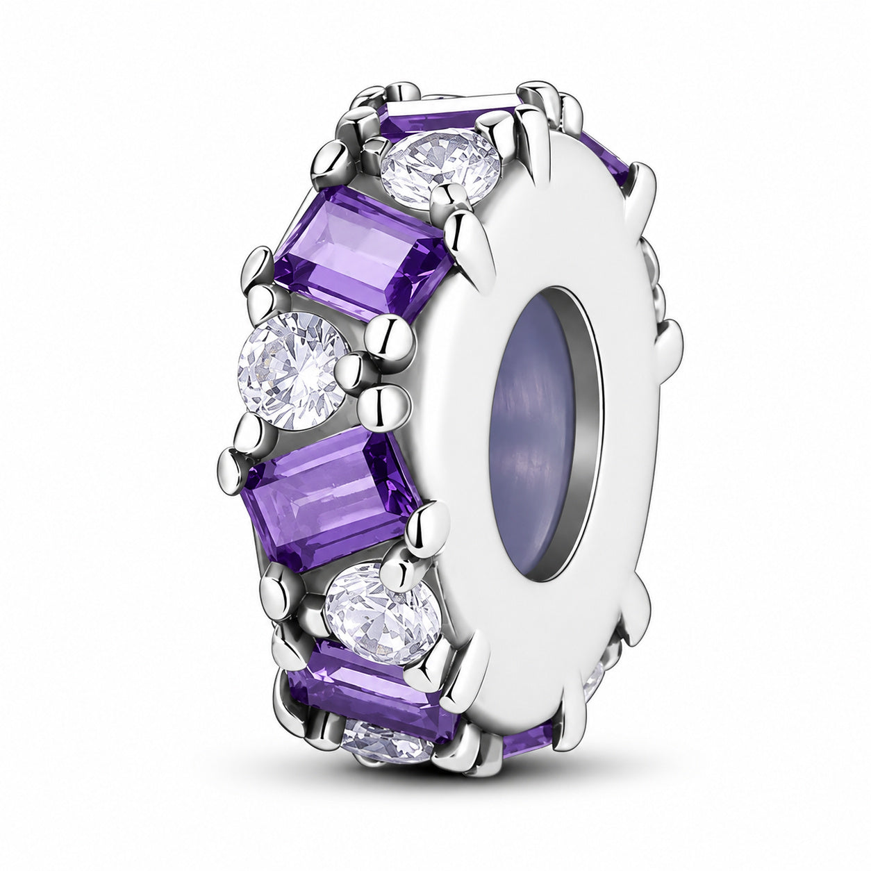 Purple Bezel Set Stopper with Silicone Ring Hallmarked S925 for Charm Bracelet and Necklace