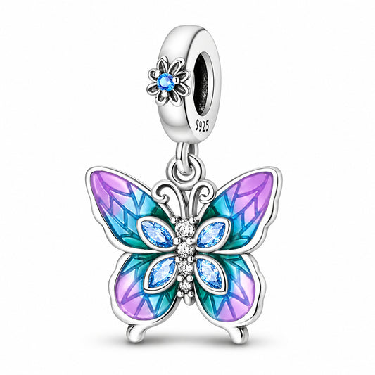 Purple Blue Butterfly CZ Dangle Charm Hallmarked S925 for Charm Bracelet and Necklace