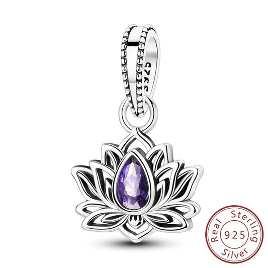 Purple Lotus Flower Dangle Sterling Silver Charm Hallmarked S925 for Charm Bracelet and Necklace