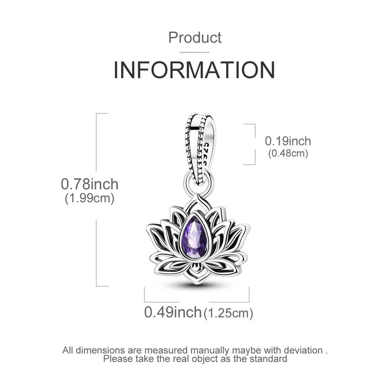 Purple Lotus Flower Dangle Sterling Silver Charm Hallmarked S925 for Charm Bracelet and Necklace