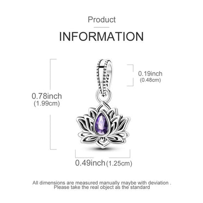 Purple Lotus Flower Dangle Sterling Silver Charm Hallmarked S925 for Charm Bracelet and Necklace