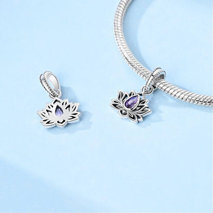 Purple Lotus Flower Dangle Sterling Silver Charm Hallmarked S925 for Charm Bracelet and Necklace
