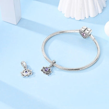 Purple Lotus Flower Dangle Sterling Silver Charm Hallmarked S925 for Charm Bracelet and Necklace