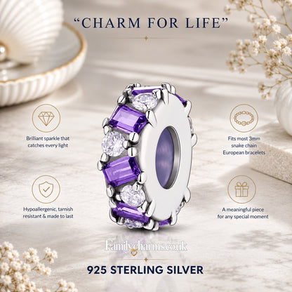 Purple Bezel Set Stopper with Silicone Ring Hallmarked S925 for Charm Bracelet and Necklace
