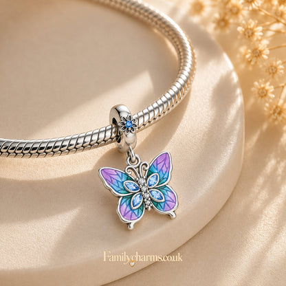 Purple Blue Butterfly CZ Dangle Charm Hallmarked S925 for Charm Bracelet and Necklace
