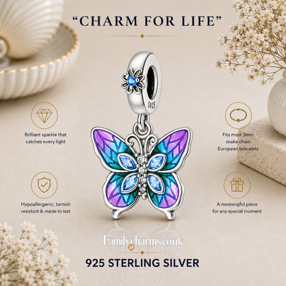 Purple Blue Butterfly CZ Dangle Charm Hallmarked S925 for Charm Bracelet and Necklace