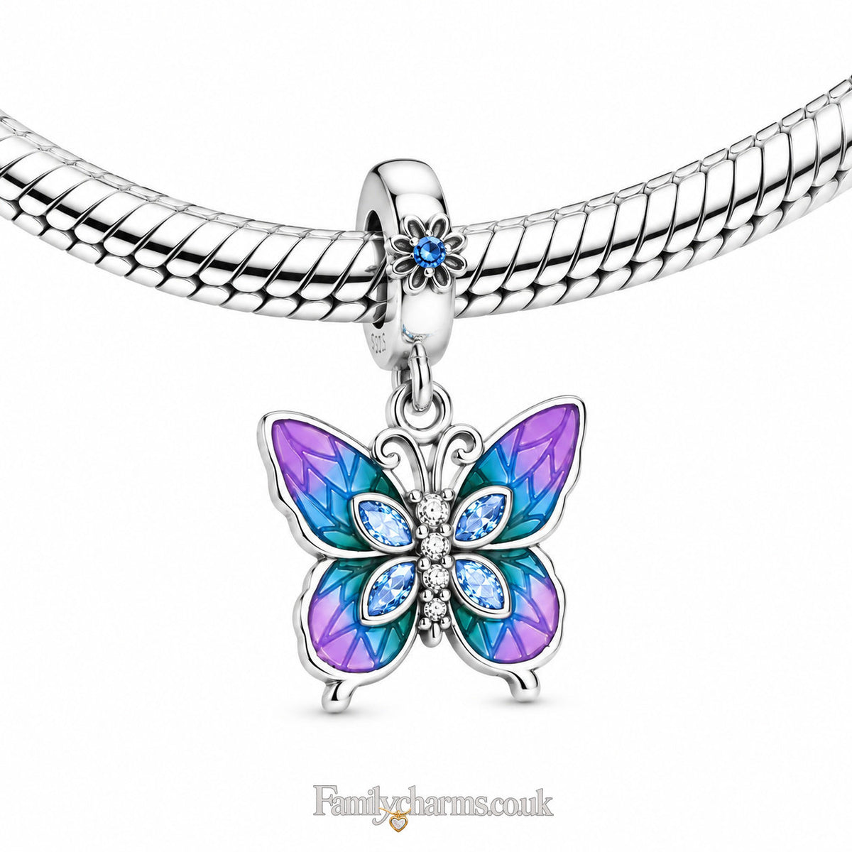 Purple Blue Butterfly CZ Dangle Charm Hallmarked S925 for Charm Bracelet and Necklace