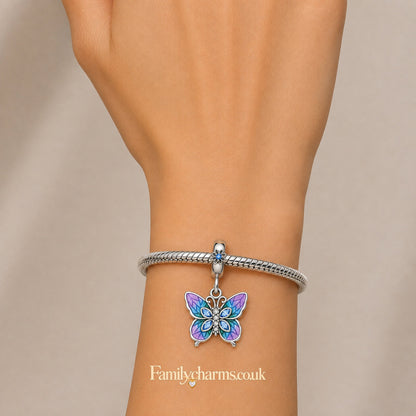 Purple Blue Butterfly CZ Dangle Charm Hallmarked S925 for Charm Bracelet and Necklace