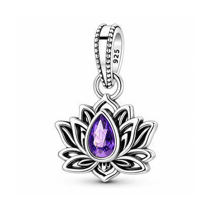 Purple Lotus Flower Dangle Sterling Silver Charm Hallmarked S925 for Charm Bracelet and Necklace