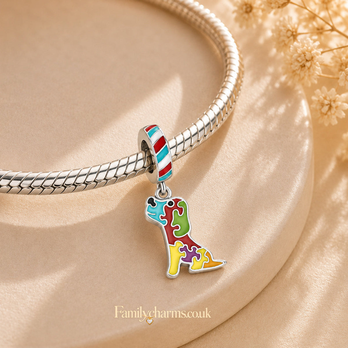 Puzzle Dog Autism Awareness Sterling Silver Charm Hallmarked S925 for Charm Bracelet and Necklace