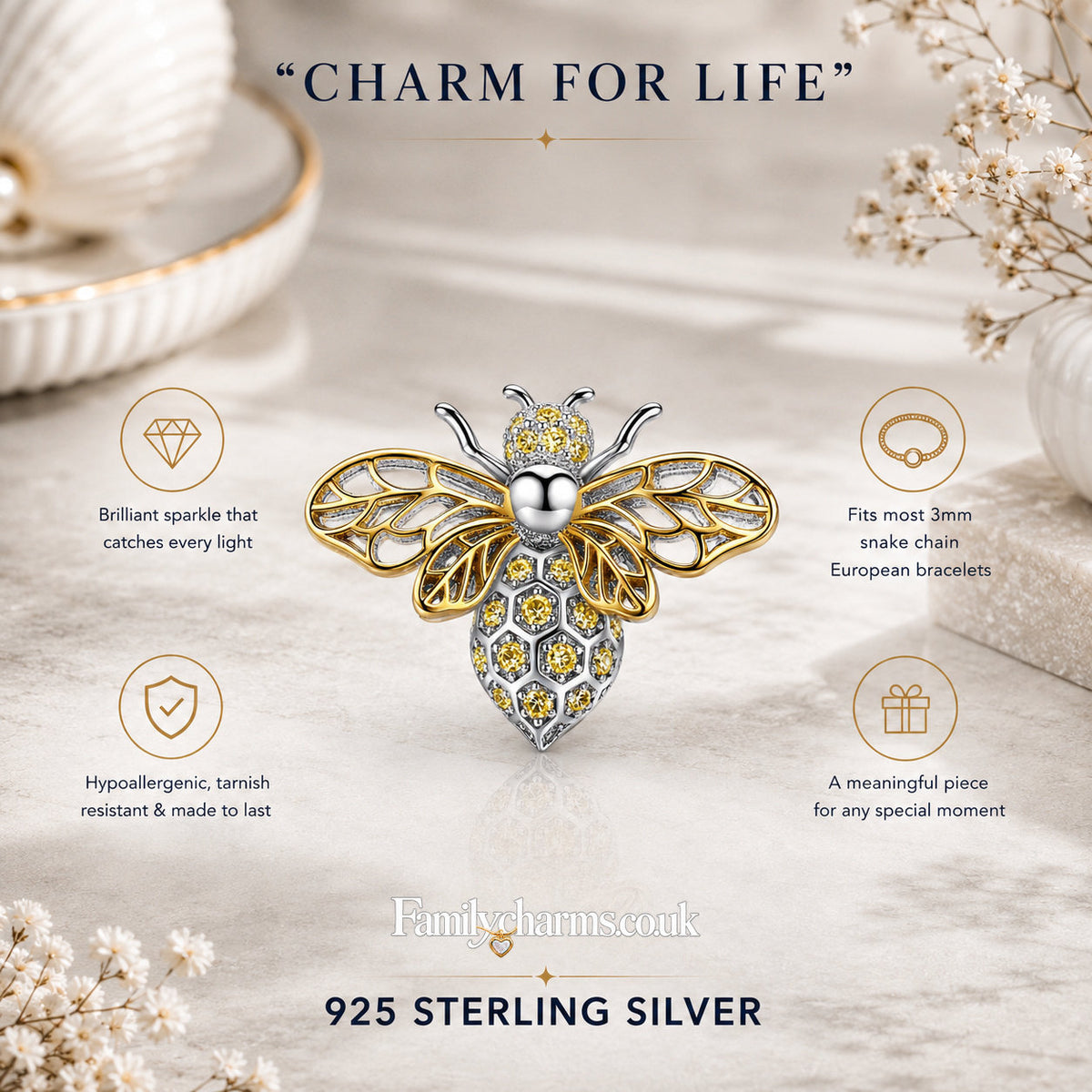 Queen Bee Sterling Silver Charm Hallmarked S925 for Charm Bracelet and Necklace
