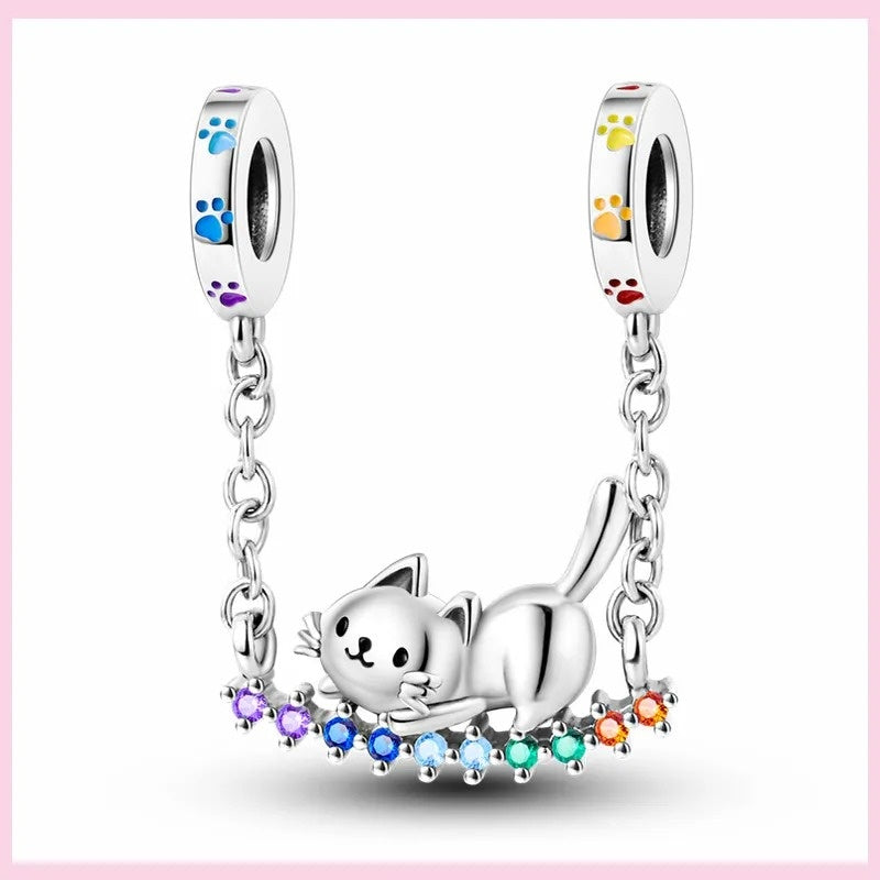 Rainbow Cat Safety Chain Sterling Silver Charm Hallmarked S925 for Charm Bracelet and Necklace