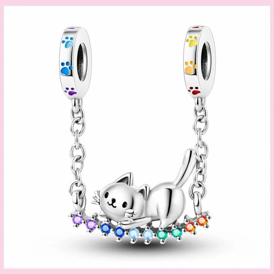 Rainbow Cat Safety Chain Sterling Silver Charm Hallmarked S925 for Charm Bracelet and Necklace