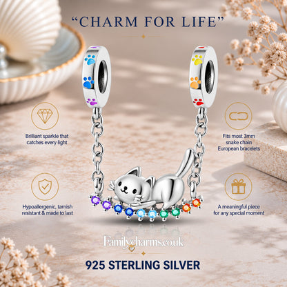 Rainbow Cat Safety Chain Sterling Silver Charm Hallmarked S925 for Charm Bracelet and Necklace