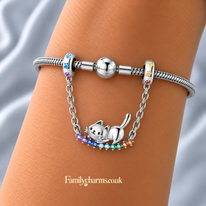 Rainbow Cat Safety Chain Sterling Silver Charm Hallmarked S925 for Charm Bracelet and Necklace