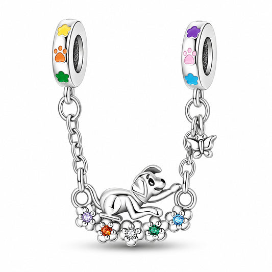 Rainbow Dog Safety Chain Sterling Silver Charm Hallmarked S925 for Charm Bracelet and Necklace