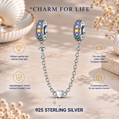 Rainbow and Heart Safety Chain Hallmarked S925 for Charm Bracelet and Necklace