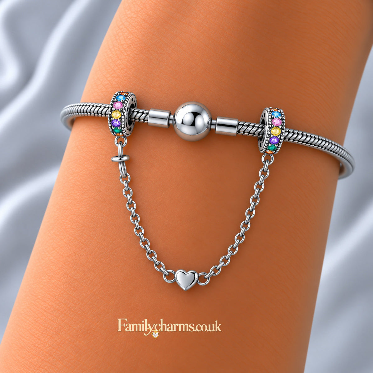 Rainbow and Heart Safety Chain Hallmarked S925 for Charm Bracelet and Necklace