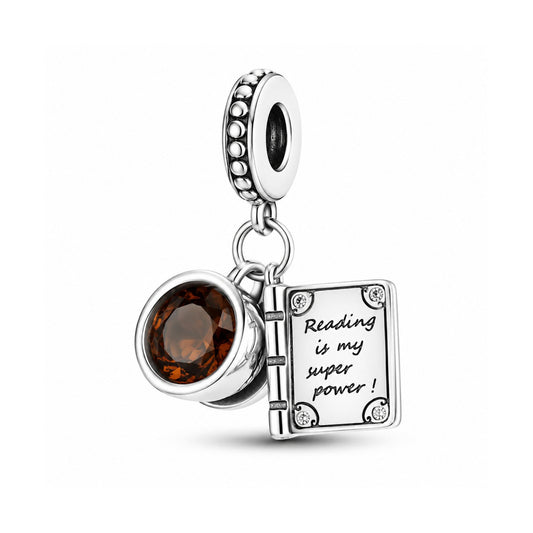 Reading Is My Super Power Book Dangle Charm Hallmarked S925 for Charm Bracelet and Necklace