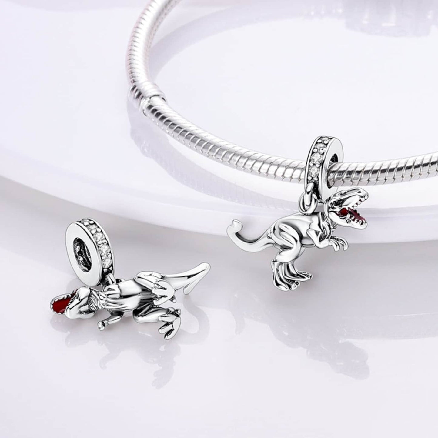Realistic Tyrannosaur Dinosaur Charm for Bracelet, S925 Sterling Silver