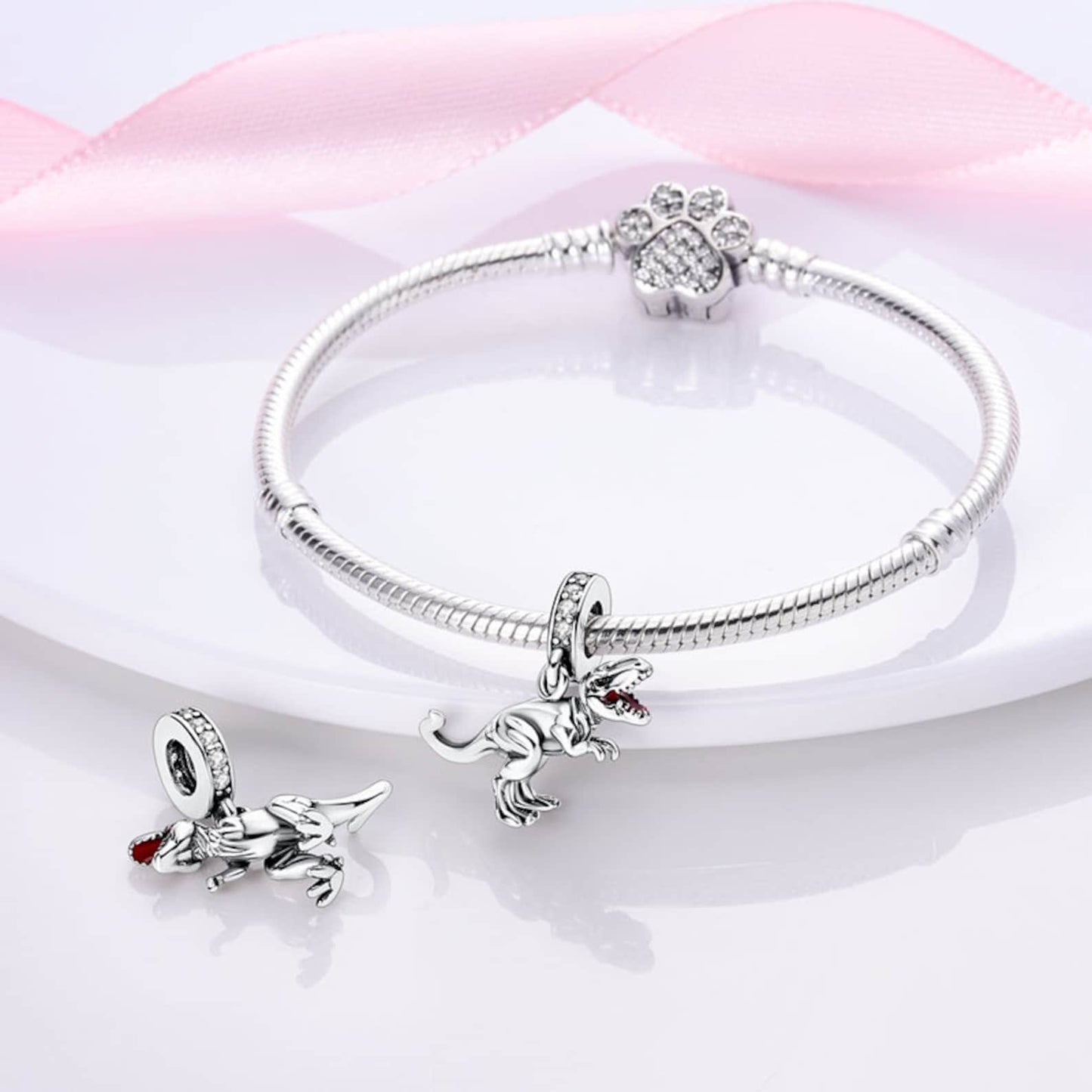 Realistic Tyrannosaur Dinosaur Charm for Bracelet, S925 Sterling Silver