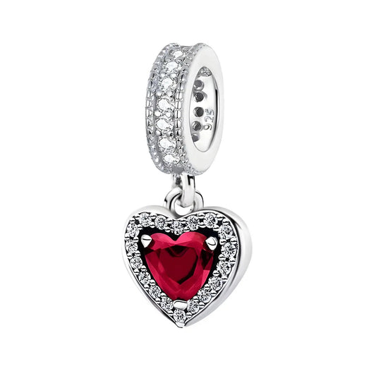 Red Heart Dangle Sterling Silver Charm Hallmarked S925 for Charm Bracelet and Necklace