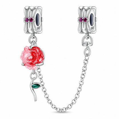Red Rose Floral Safety Chain Sterling Silver Charm Hallmarked S925 for Charm Bracelet and Necklace