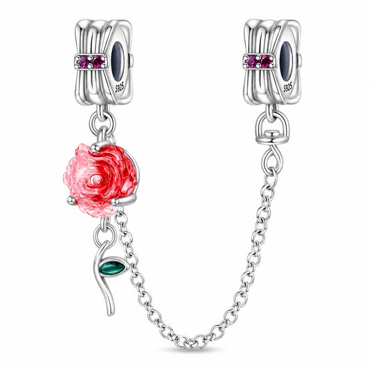 Red Rose Floral Safety Chain Sterling Silver Charm Hallmarked S925 for Charm Bracelet and Necklace
