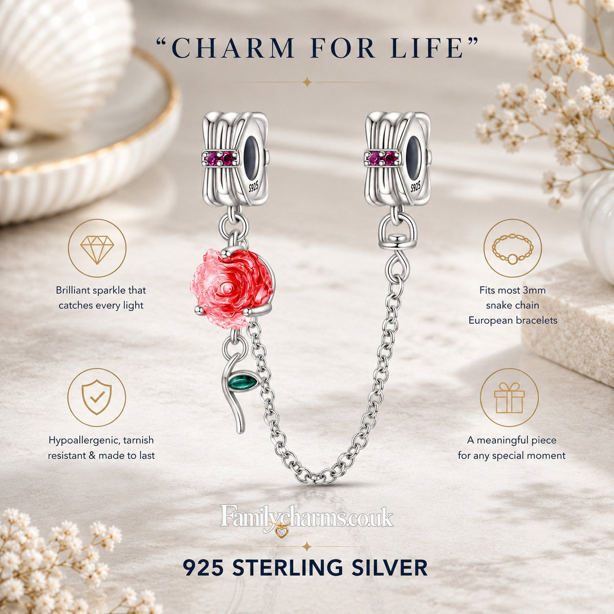 Red Rose Floral Safety Chain Sterling Silver Charm Hallmarked S925 for Charm Bracelet and Necklace