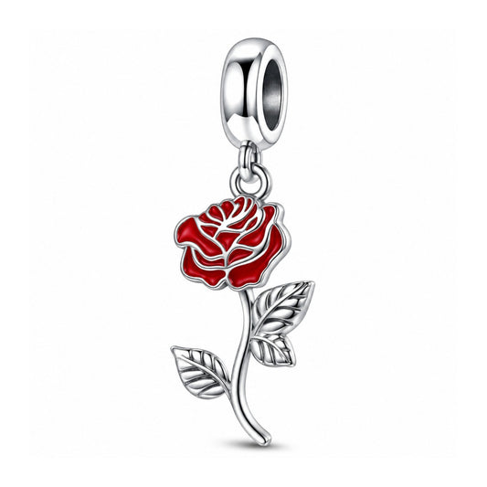 Red Rose Flower Dangle Sterling Silver Charm Hallmarked S925 for Charm Bracelet and Necklace