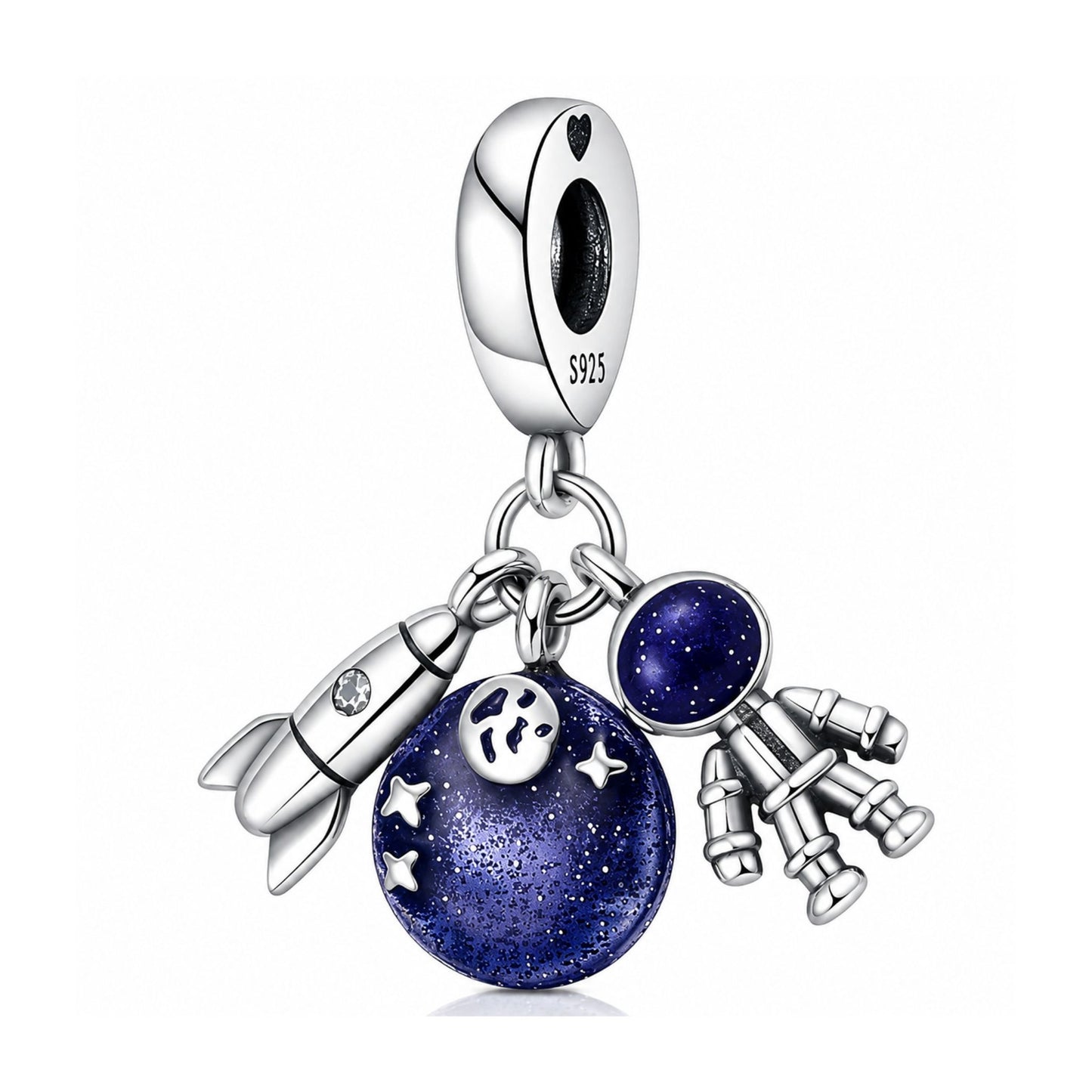 Rocket, Astronaut and Galaxy Blue Space Dangle Sterling Silver Charm Hallmarked S925 for Charm Bracelet and Necklace