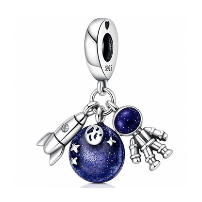 Rocket, Astronaut and Galaxy Blue Space Dangle Sterling Silver Charm Hallmarked S925 for Charm Bracelet and Necklace