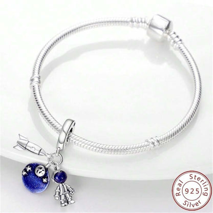 Rocket, Astronaut and Galaxy Blue Space Dangle Sterling Silver Charm Hallmarked S925 for Charm Bracelet and Necklace