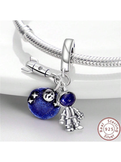 Rocket, Astronaut and Galaxy Blue Space Dangle Sterling Silver Charm Hallmarked S925 for Charm Bracelet and Necklace