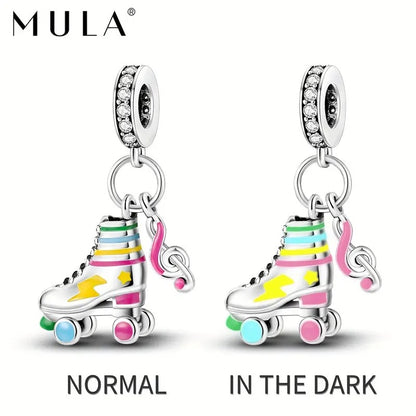 Roller Skate Glow in the Dark Pendant Sterling Silver Charm Hallmarked S925 for Charm Bracelet and Necklace
