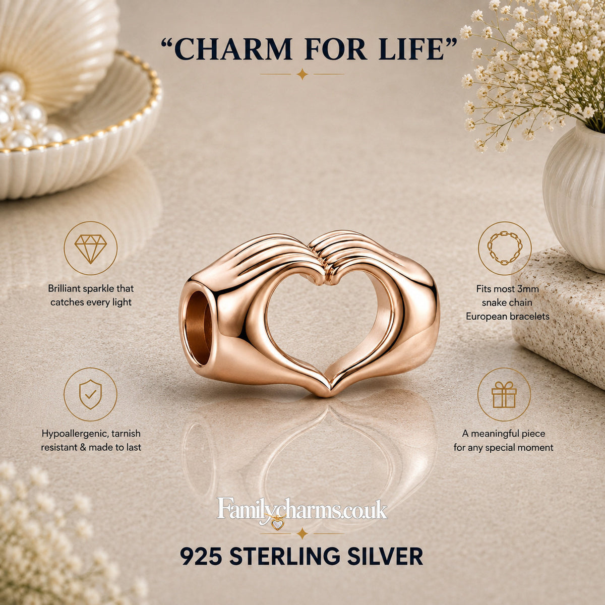 Hands Heart Rose Gold Sterling Silver Charm Hallmarked S925 for Charm Bracelet and Necklace