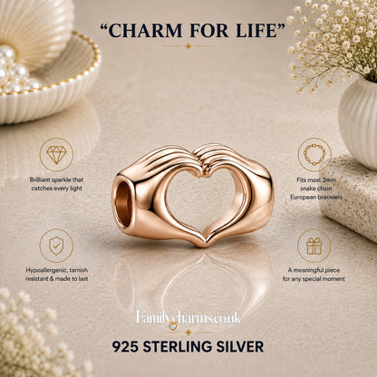 Hands Heart Rose Gold Sterling Silver Charm Hallmarked S925 for Charm Bracelet and Necklace