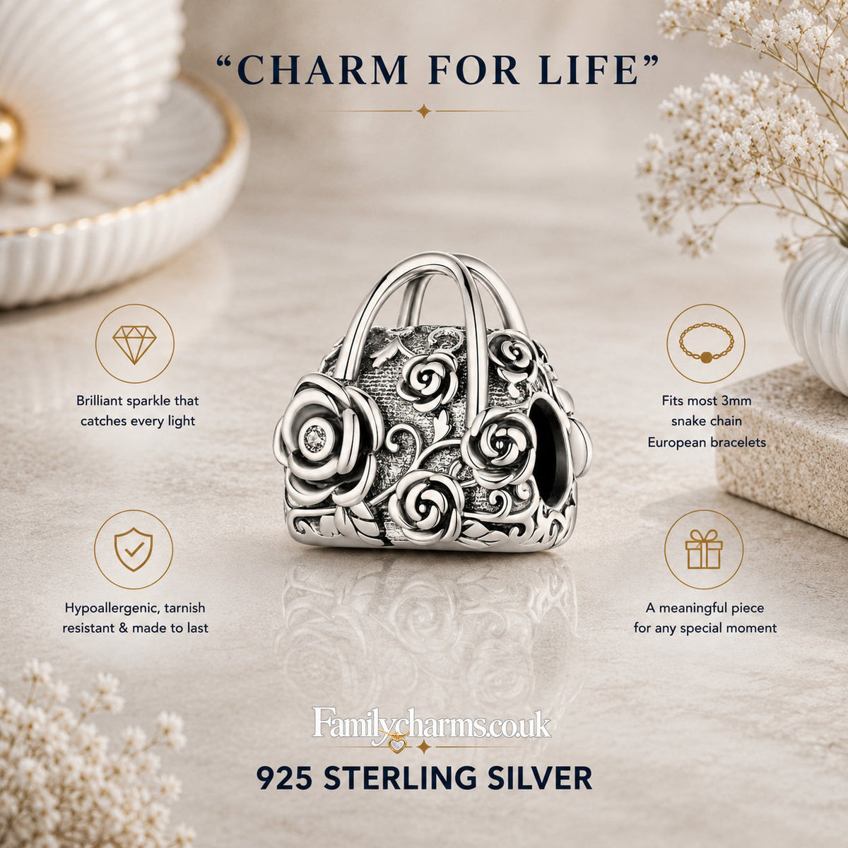 Rose Sachet Hand Bag Charm Hallmarked S925 for Charm Bracelet and Necklace