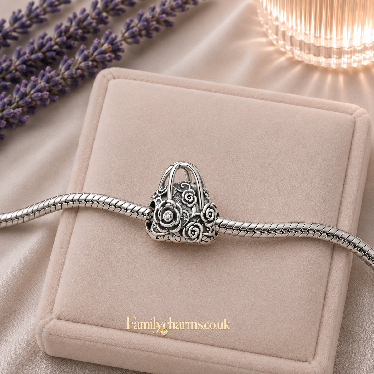 Rose Sachet Hand Bag Charm Hallmarked S925 for Charm Bracelet and Necklace