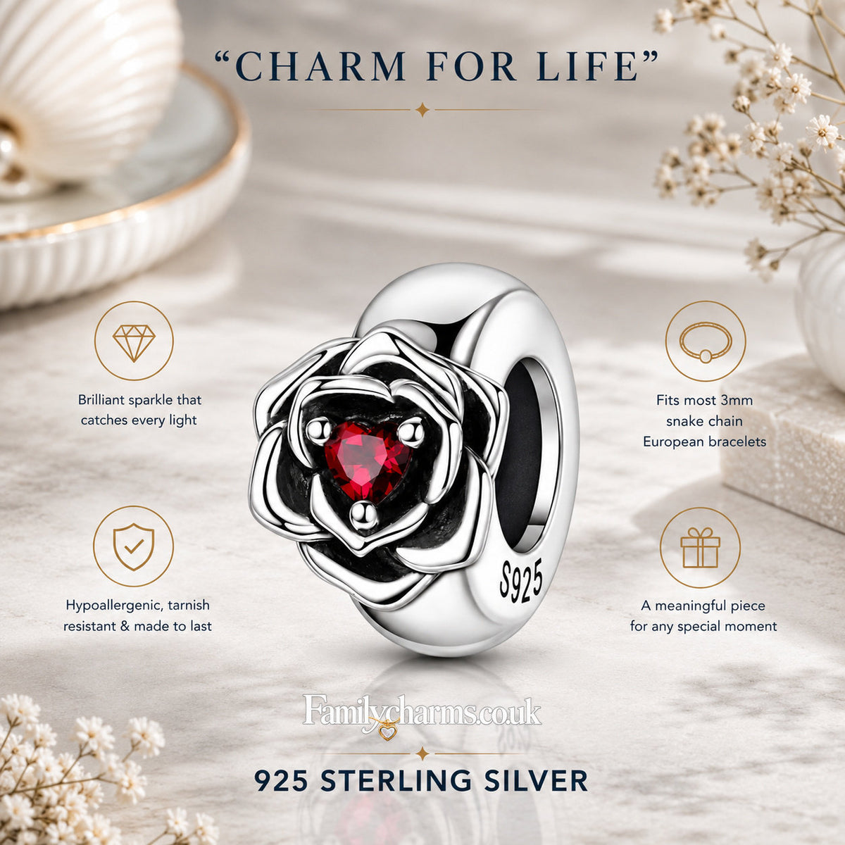 Rose and Heart Stopper with Silicone Ring Hallmarked S925 for Charm Bracelet and Necklace