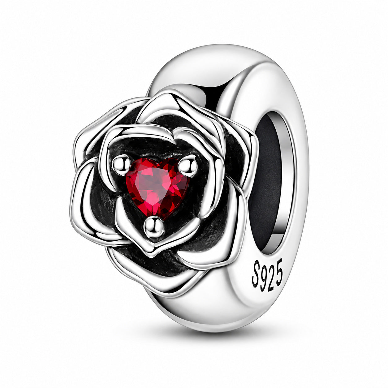Rose and Heart Stopper with Silicone Ring Hallmarked S925 for Charm Bracelet and Necklace