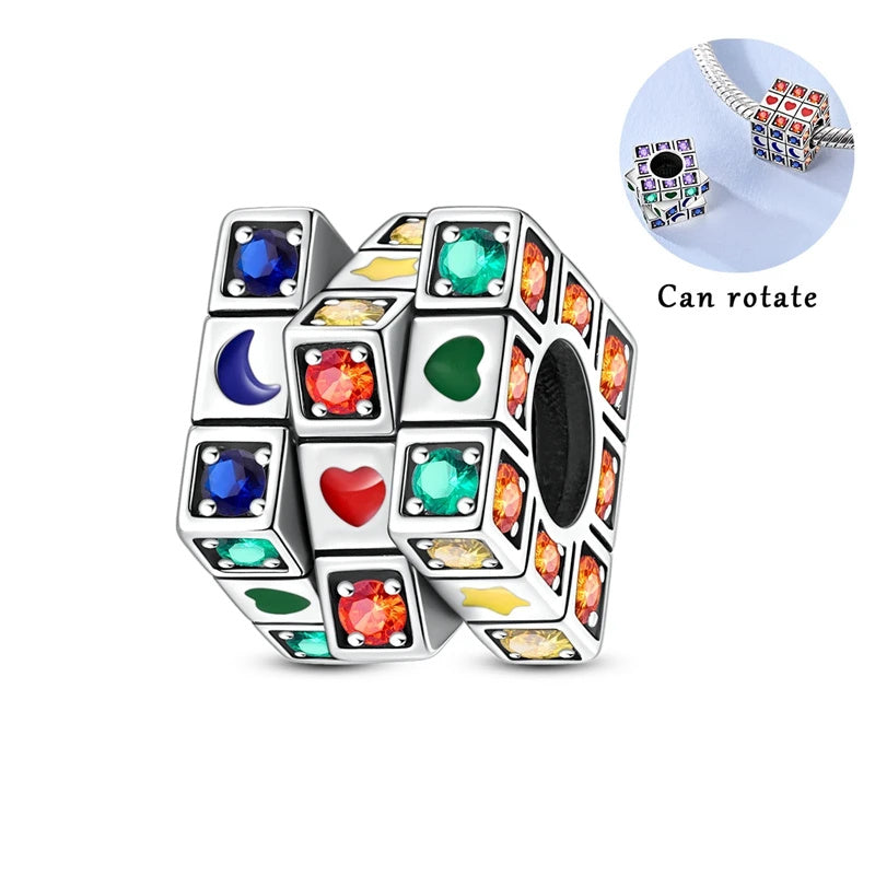 Rotating Rubik's Cube Bead Colourful Sterling Silver Charm Hallmarked S925 for Charm Bracelet and Necklace