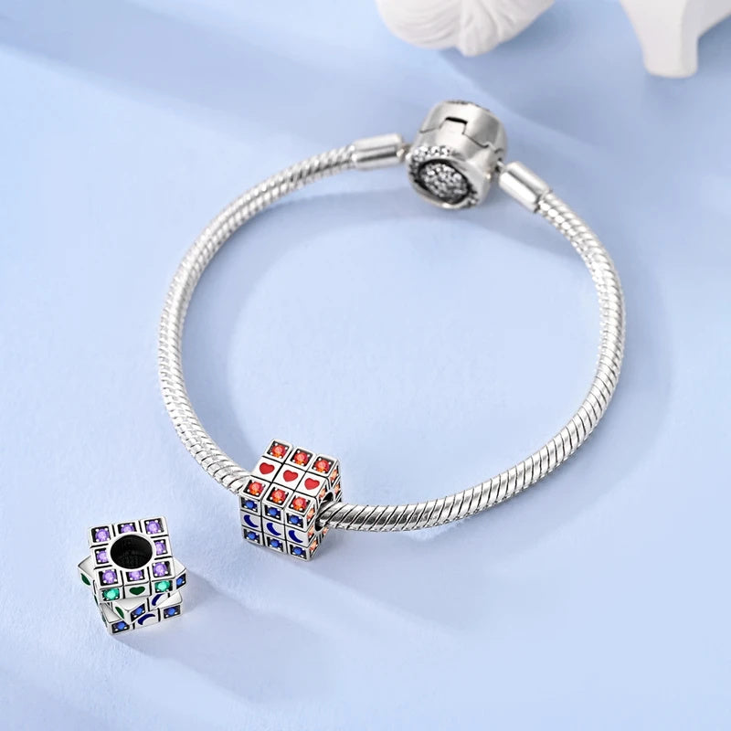 Rotating Rubik's Cube Bead Colourful Sterling Silver Charm Hallmarked S925 for Charm Bracelet and Necklace