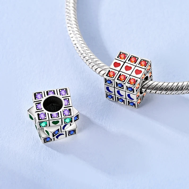 Rotating Rubik's Cube Bead Colourful Sterling Silver Charm Hallmarked S925 for Charm Bracelet and Necklace