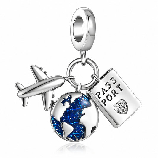 Globe Airplane and Passport Sterling Silver Charm Hallmarked S925 for Charm Bracelet and Necklace
