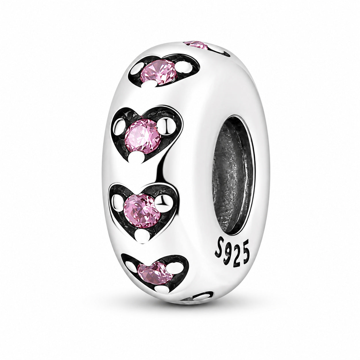 Row of Hearts Stopper Charm for Bracelet, S925 Sterling Silver
