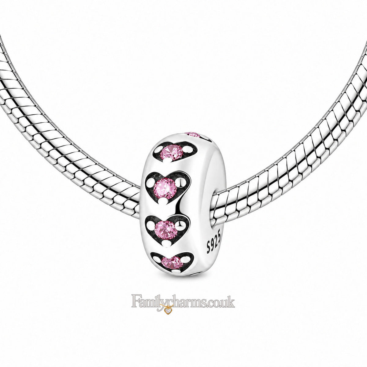 Row of Hearts Stopper Charm for Bracelet, S925 Sterling Silver