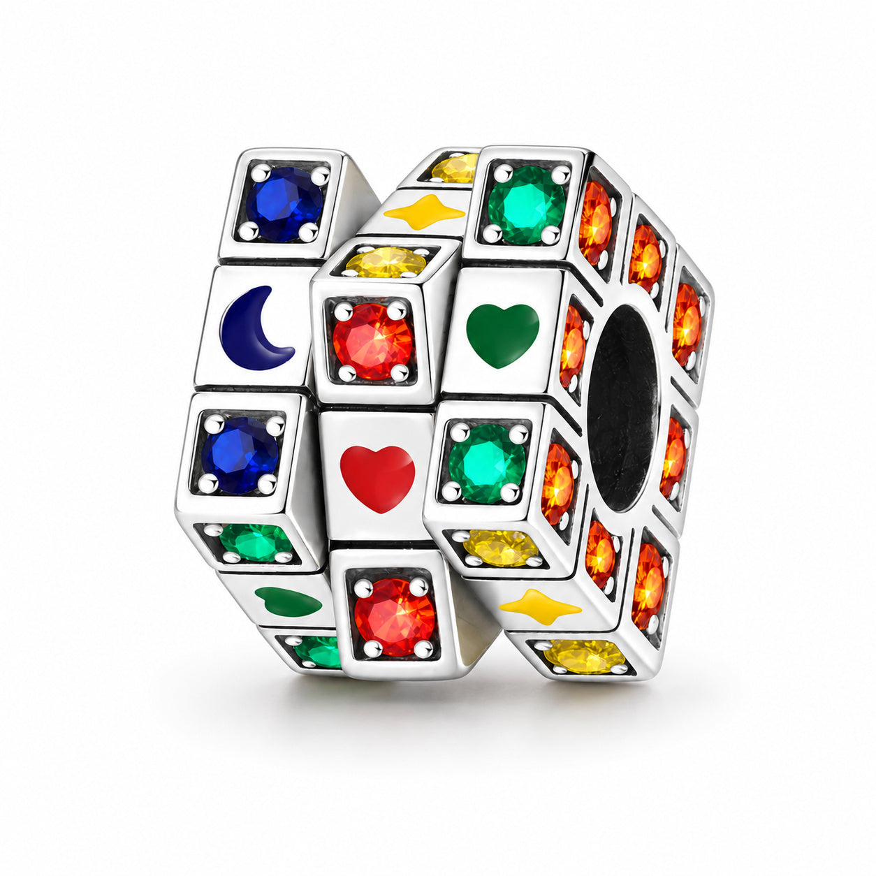 Rotating Rubik's Cube Bead Colourful Sterling Silver Charm Hallmarked S925 for Charm Bracelet and Necklace